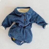 Baby Winter Warm Thick Jackes+Shorts Blue Cotton 2pcs Clothing Set 3 6 9 12 18 24 Month Newborn Baby Clothes OBS215852