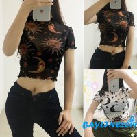 COD DSGTREYTTRYUII Bay - Oman Sun Star Moon เสื้อลําลองสําหรับสตรีเอวลอยผ้า See Through แขนสั้นคอกลมพิมพ์ลาย