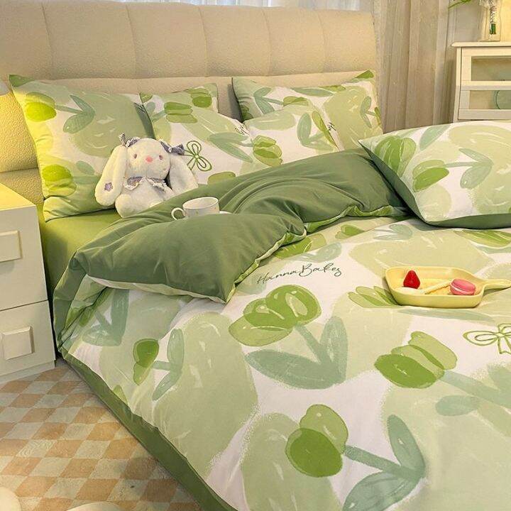 ready-ins-green-small-fresh-class-a-washed-cotton-and-linen-double-layer-yarn-four-piece-set-cartoon-quilt-cover-bed-sheet-three-piece-dormitory-set