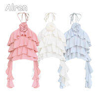 Alren เสื้อกล้ามเปิดไหล่สั้นสำหรับผู้หญิงมีระบายแบบ MODE Korea