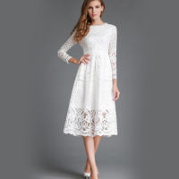 High Quality Elegant Hollow Out Lace Dress Women Long Sleeve Autumn Style Midi-calf White Lace Dress Spring Party Dress Vestidos