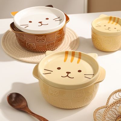 ชามก๋วยเตี๋ยวรูปแมวเซรามิกลายการ์ตูนญี่ปุ่นพร้อมฝากล่องใส่ผลไม้ซุปสลัดรูปสัตว์น่ารัก Guanpai4ตกแต่งห้องครัวภาชนะตกแต่งบนโต๊ะอาหาร
