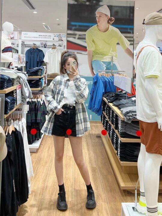 uniqlo-เสื้อเชิ้ตลำลองหญิงชายและหญิง-เสื้อเชิ้ตลายสก๊อตเดียวกันแขนยาวทรงหลวมใส่เสื้อแจ็กเก็ตบางพอดีตัว453053-450263ฤดูใบไม้ร่วง