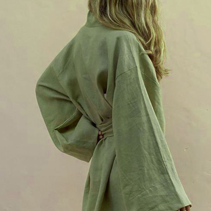 xiaoli-clothing-ผูกเชือกผู้หญิง39-s-ชุดมินิเดรสเสื้อคาร์ดิแกน-kimono-คอวีฝ้ายลินินชุดเดรสผ้าคาดแขนยาวสไตล์ฤดูxiaoli-clothingทรงหลวม