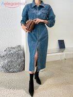 Aelegantmis Vintage Long Denim Dress Women Split Korea Elegant Casual Long Sleeve Cowboy Dress Slim Vestido Chic Streetwear 2023