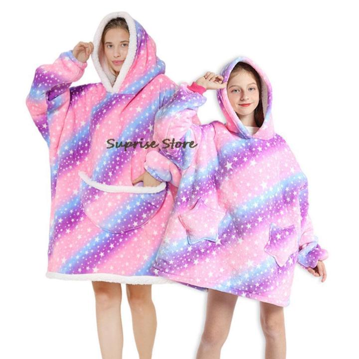 mother-kids-matching-pajamas-unicorn-girls-sleepwear-winter-warm-polar-fleece-oversized-hoodies-blanket-sherpa-homewear