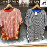 เสื้อทีเชิ้ต UNIQLO มีแขนแขนสั้นคอกลมลายทาง,เสื้อยืดแขนสำหรับผู้ชายและผู้หญิงรุ่นใหม่สำหรับฤดูร้อน2023