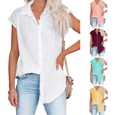 In the summer of 2023 the new independent stand pure color single-breasted shirt female Europe and the United States foreign trade leisure short sleeve shirt