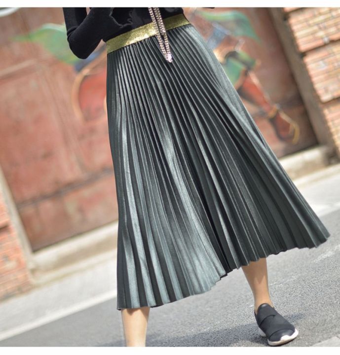 womens-metal-color-pleated-midi-skirt-japanese-style-ladies-streetwear-high-waist-velour-chic-skirts-saias-2019-spring-sk279