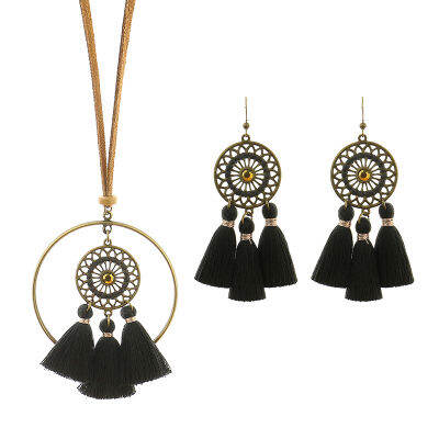 Retro Bohemian Necklace Earring Set for Women Long Tassels Hollow