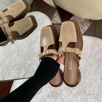 Classic Style Color Matching Closed Toe Half Slippers Womens Summer Outdoor Wear 2023 Spring New Chunky Heel with Skirt Square Toe Sandals