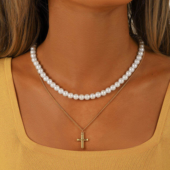 Double Pearl Stainless Steel Gold Cross Necklace Lazada PH