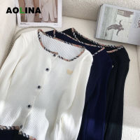 AOLINA 2022ฤดูใบไม้ร่วงแฟชั่นใหม่สุทธิสีแดงของผู้หญิงผีเสื้อปักแขนยาวเสื้อกันหนาวถักสั้น