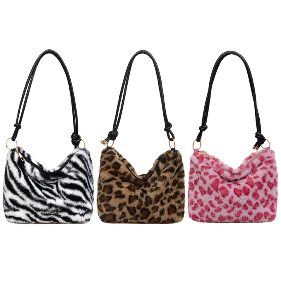 Women's Bags 2022 New Trend Faux Fur Hand Bags Pink Leopard Print