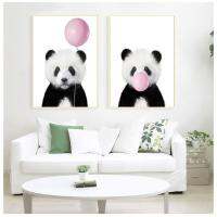 Baby Panda พิมพ์สัตว์ Bubble Gum โปสเตอร์ Nursery Wall Art ตกแต่งภาพน่ารักบอลลูนสีชมพู Baby Shower ของขวัญภาพวาดผ้าใบ New