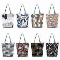 Reusable Foldable Grocery The Tote Bags Floral Cat Print Handbags For Women Eco Storage Shopping Bag Cute Cartoon Shoulder Bags