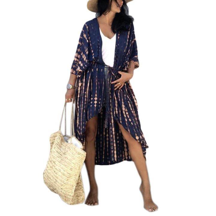 youyo-women-summer-swimsuit-bikini-cover-up-3-4-sleeves-tie-dye-striped-printed-open-front-kimono-cardigan-belted-waist-maxi-long-blouse-beachwear