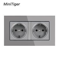 Minitiger 16A Double EU Standard Wall Socket แผงกระจกคริสตัลเต้าเสียบปลั๊กไฟพร้อมประตูป้องกันเด็กสีเทาสีดํา∇