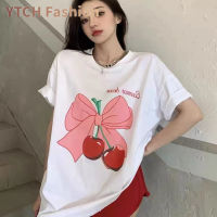 YTCH-Summer เสื้อยืดคอกลมผู้หญิงแขนสั้นลายโบว์เชอร์รี่หวานเสื้อผ้าฝ้ายท็อปส์สบายๆหลวม