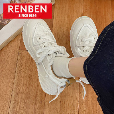 RENBEN รองเท้ากระดานย้อนยุคผู้หญิงส้นหนาลำลอง,รองเท้าสีขาวเกาหลีลำลองสวมใส่ได้หลายโอกาสน้ำหนักเบา