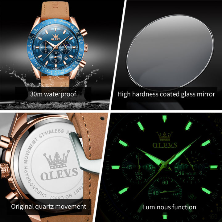 olevs-นาฬิกาโครโนกราฟหนังแท้อเนกประสงค์กันน้ำแบรนด์ดั้งเดิมนาฬิกาข้อมือลำลองของผู้ชาย