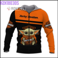 Baby Yoda Hug Harley-Davidson Logo Motorcycles 3D Hoodie All Over Printed