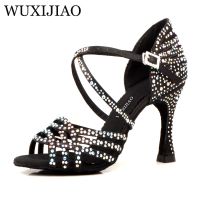 WUXIJIAO Women Salsa Party Ballroom Shoes Latin Dance Shoes Big Small Rhinestone Shining Skin Black Satin  Cuba Heel 9Cm