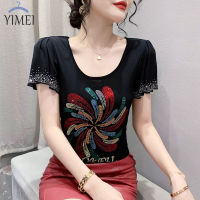 YIMEI เสื้อยืดสำหรับผู้หญิงลายเพชรแบบมีลักษณะเฉพาะตัวเสื้อยืดสำหรับผู้หญิง2023ฤดูร้อนผู้หญิงแขนสั้นใหม่เสื้อยืดผู้หญิงสวยเป็นประกาย