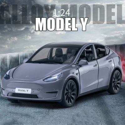 New 1:24 Tesla Model Y Model 3 With Charging Pile Alloy Car Die Cast Toy Car Model Sound and Light Childrens Collectibles Gift