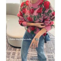 ✒✣ 2022 Woman Y2k Pink Floral Knit Sweaters Pullovers Top Korean Fashion Goth Jackets Cardigans