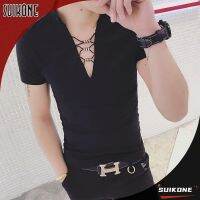 Suikone เสื้อพูลโอเวอร์แขนสั้นผู้ชายคอวีเล็ก