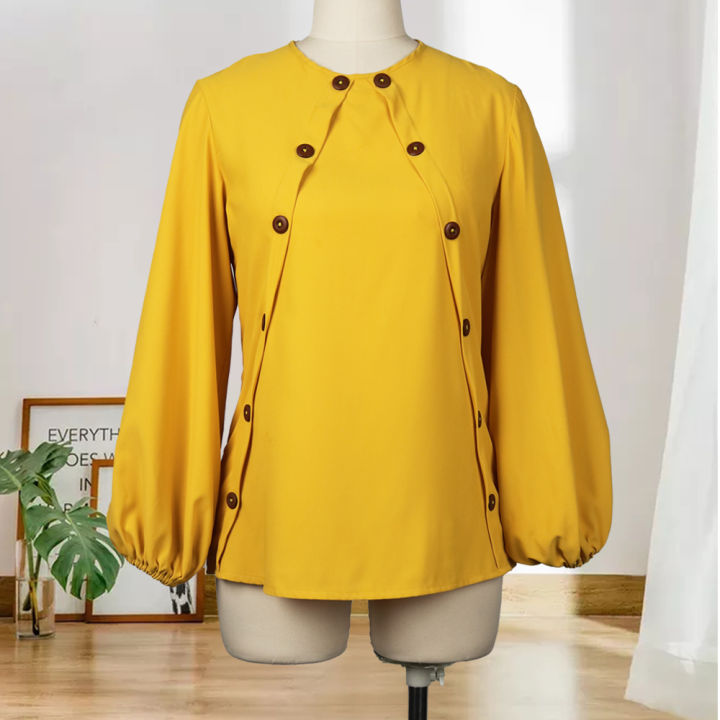 2-piece-set-women-skirt-and-top-yellow-blouses-long-lantern-sleeve-button-decoration-office-lady-work-wear-autumn-newest-female