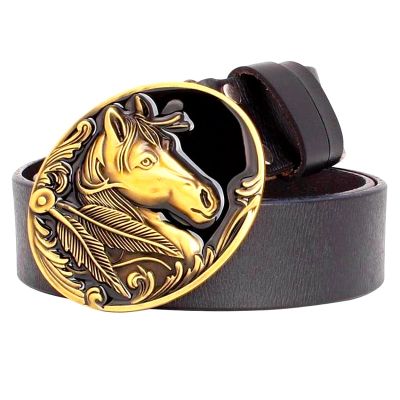 Golden Horse Head Buckle Belt Cowskin Leather Steed Fashion Western Cowboy Style Waistband For Men Women Gift