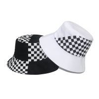 COD tjjs079 New Style Black White Checkerboard Stitching Basin Hat Female Summer Trendy Unique Street Hip-Hop Bucket Men