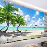 Custom 3d ภาพจิตรกรรมฝาผนังวอลล์เปเปอร์ห้องนอนพื้นหลัง Fresco Coconut Tree Beach Dolphin ภูมิทัศน์ Photo Wall กระดาษ Adhsive