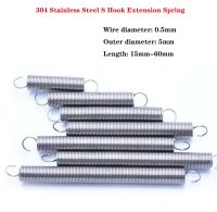 10Pcs 304 Stainless Steel Wire Dia 0.5mm S Hook Extension Spring Cylindroid Helical Pullback Tension Coil Spring Length 15 60mm