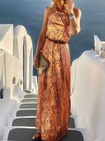 ♣◆ Summer Beach Loose Halter Party Dress Casual Femme Sleeveless Streetwear Long Dress Women Vintage Print Backless Club Maxi Dress