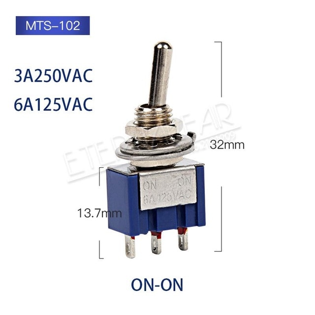 New 100pcs AC 250V/120V 3A/6A Mini MTS-102 3-Pin SPDT ON-ON Toggle Switches 