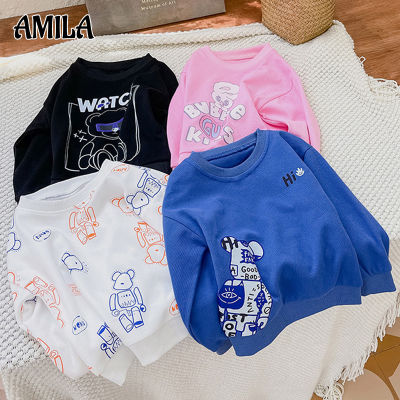 AMILA เสื้อสเวตเตอร์คอกลมแขนยาวลายการ์ตูนสำหรับเด็ก