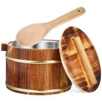 ♨☁ Wooden Rice Bucket Rice Steamed Cask with Stainless Steel Liner with Rice Spoon for Home Kitchen Restaurant