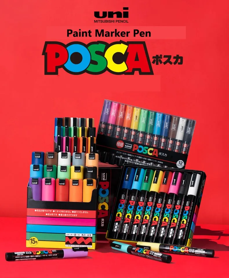 Japan Uni POSCA Set of 16 Acrylic Paint Pens, PC-1M 3M 5M 16C