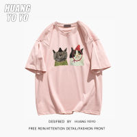 HUANGYOYO เสื้อยืดแขนสั้นผ้าฝ้าย100% การ์ตูนตลกแมววินเทจสำหรับผู้หญิง