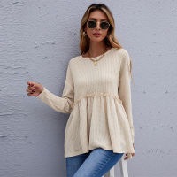 O Neck Waffle Long Sleeved Casual Ladies Blouse Solid Summer Spring Fashion  New Casual Chic Female sweater