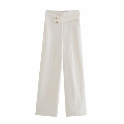 AOMO Fashion Women Side Button Decorate White Suit Pants Trousers Pockets Buttons Office Lady Pants Pantalon 3H278A