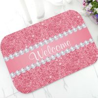 Trendy Faux Pink Sequins and Diamonds Doormat Chic Girly Welcome Floor Rug Bath Mat Kitchen Entry Door Mats Modern Rubber Carpet