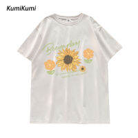 KUMI เสื้อยืดแขนสั้นโอเวอร์ไซส์ของผู้หญิงของ ฉบับภาษาเกาหลีลำลองลายดอกไม้