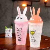 【XMAN Home Life】 450ML Kawaii Bunny หูดื่มขวดมีหลอดน่ารักสร้างสรรค์กระต่ายถ้วยน้ำแข็ง Kpop แฟชั่นคู่พลาสติกพลาสติกการ์ตูนแก้วสำหรับสาว