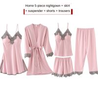 2021 Summer Autumn Spring 5 Pieces Set Silk Elegant Women Pajamas Set Shorts Sleeve Top Elastic Waist Pants Lounge Sleepwear Set