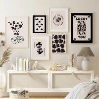 Retro Trendy Wall Art ที่มี Black And Beige Lucky You, Ace Card, Queen Of Hearts, Joker Prints, Ideal For Home Room Decor