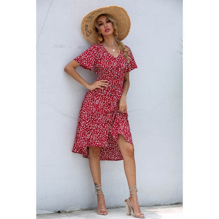 2021-summer-dress-midi-v-neck-printed-dress-woman-single-row-buttons-irregular-dress-ladies-slim-high-waist-casual-holiday-dress